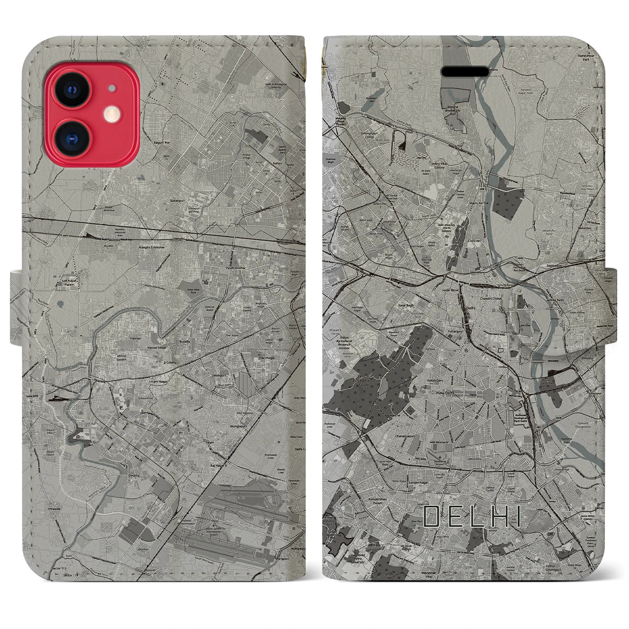【デリー(インド)】地図柄iPhoneケース(手帳タイプ)モノトーン・iPhone 11 用