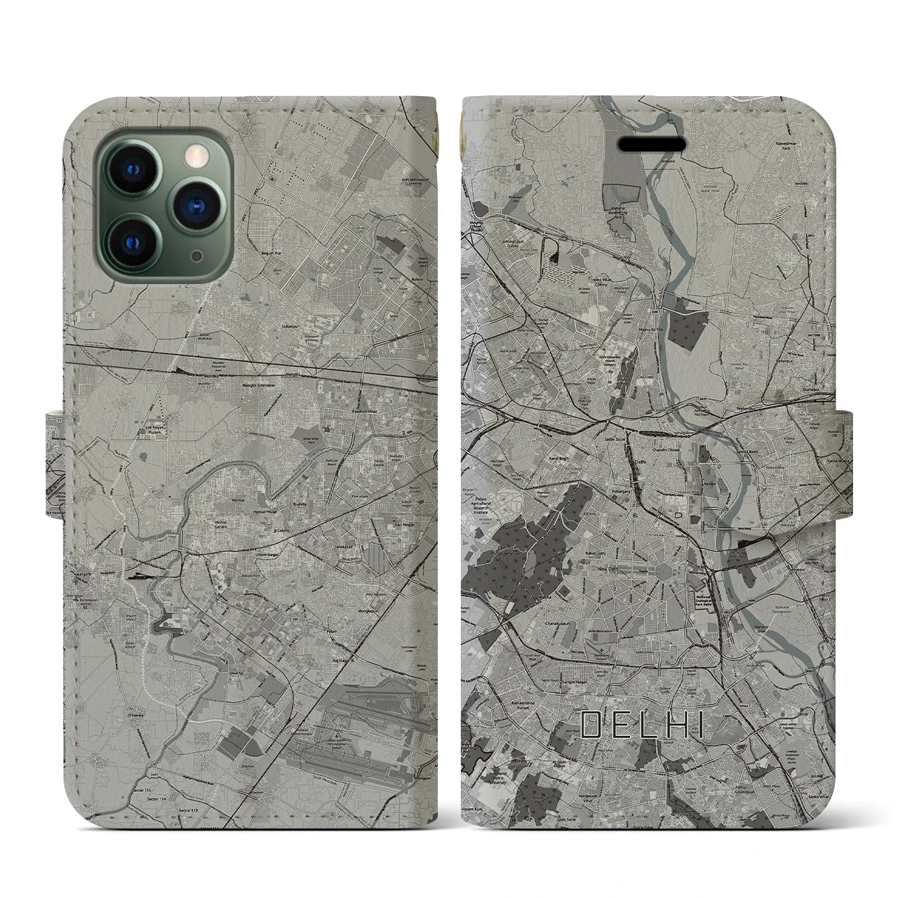 【デリー(インド)】地図柄iPhoneケース(手帳タイプ)モノトーン・iPhone 11 Pro 用