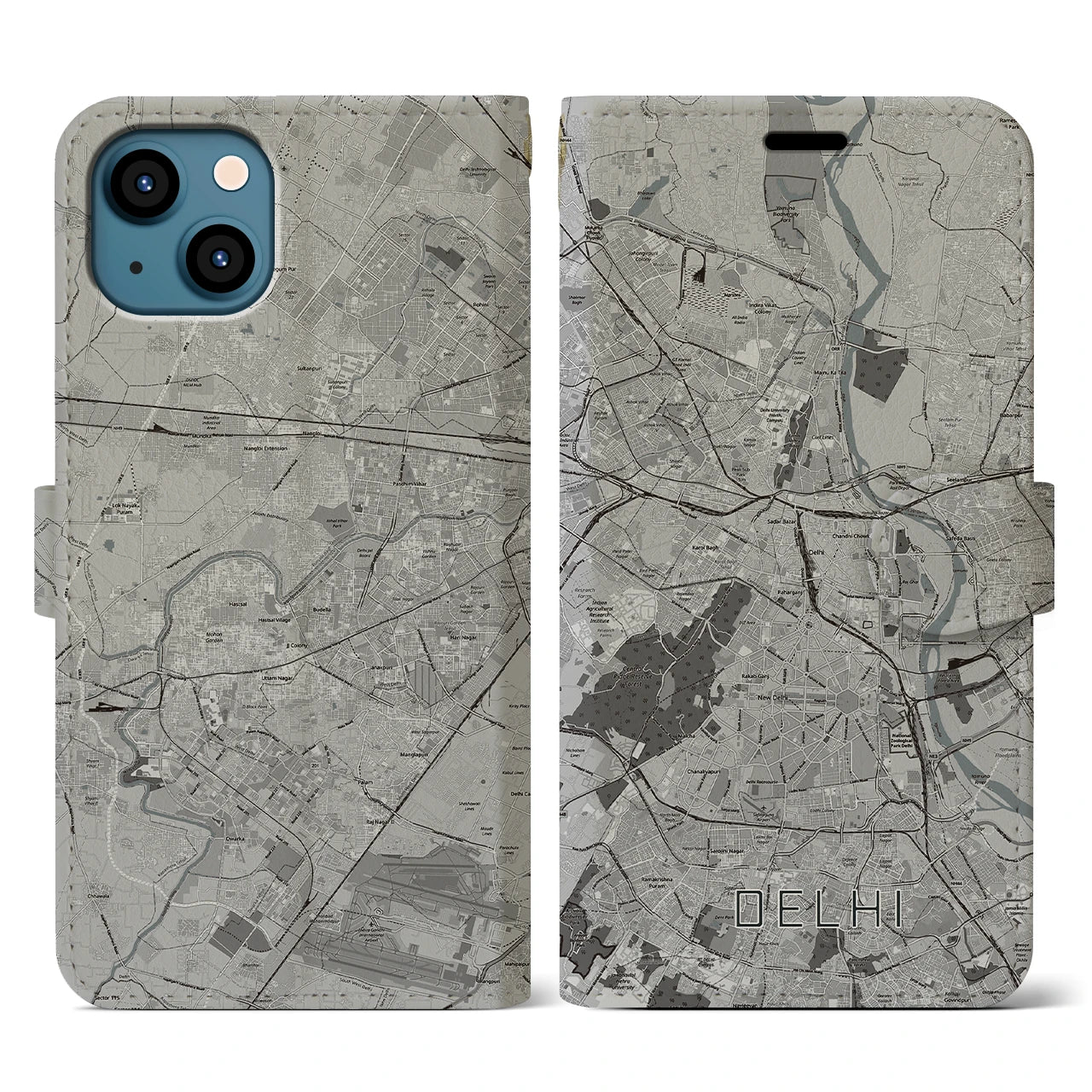 【デリー(インド)】地図柄iPhoneケース(手帳タイプ)モノトーン・iPhone 13 用