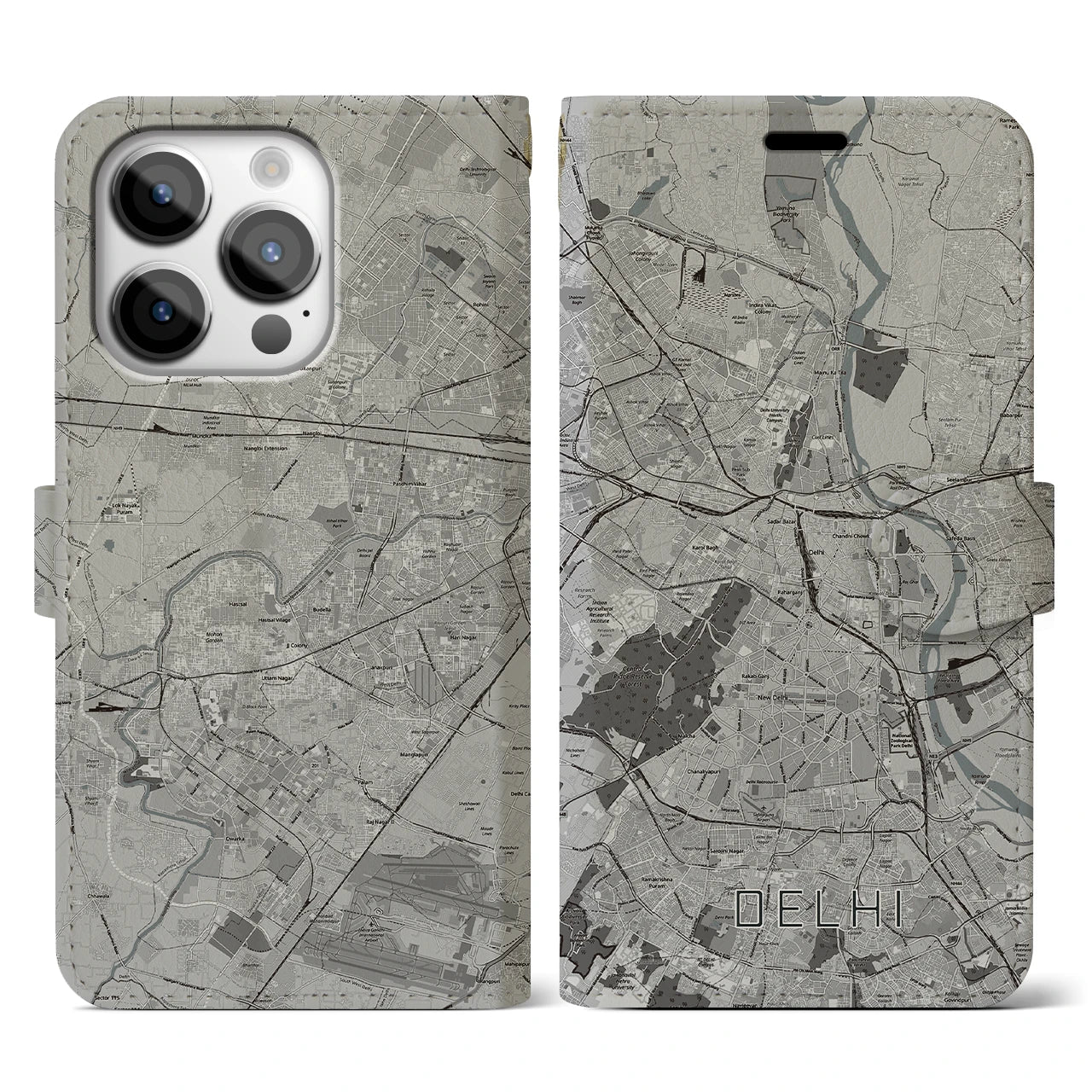 【デリー(インド)】地図柄iPhoneケース(手帳タイプ)モノトーン・iPhone 14 Pro 用