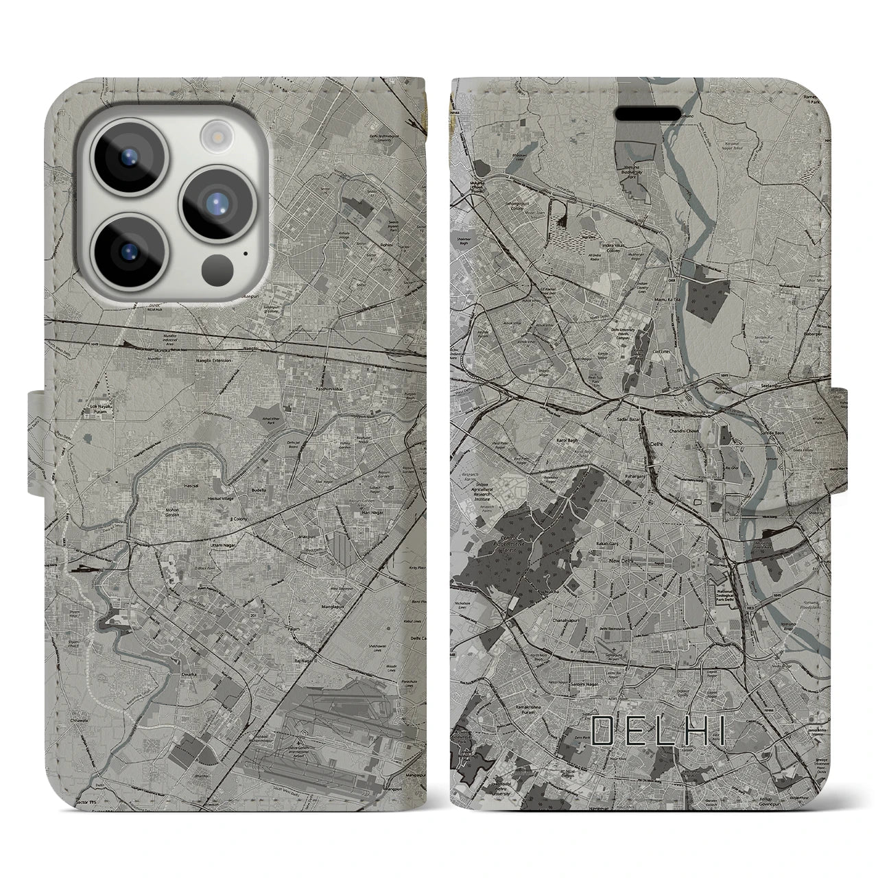 【デリー(インド)】地図柄iPhoneケース(手帳タイプ)モノトーン・iPhone 15 Pro 用