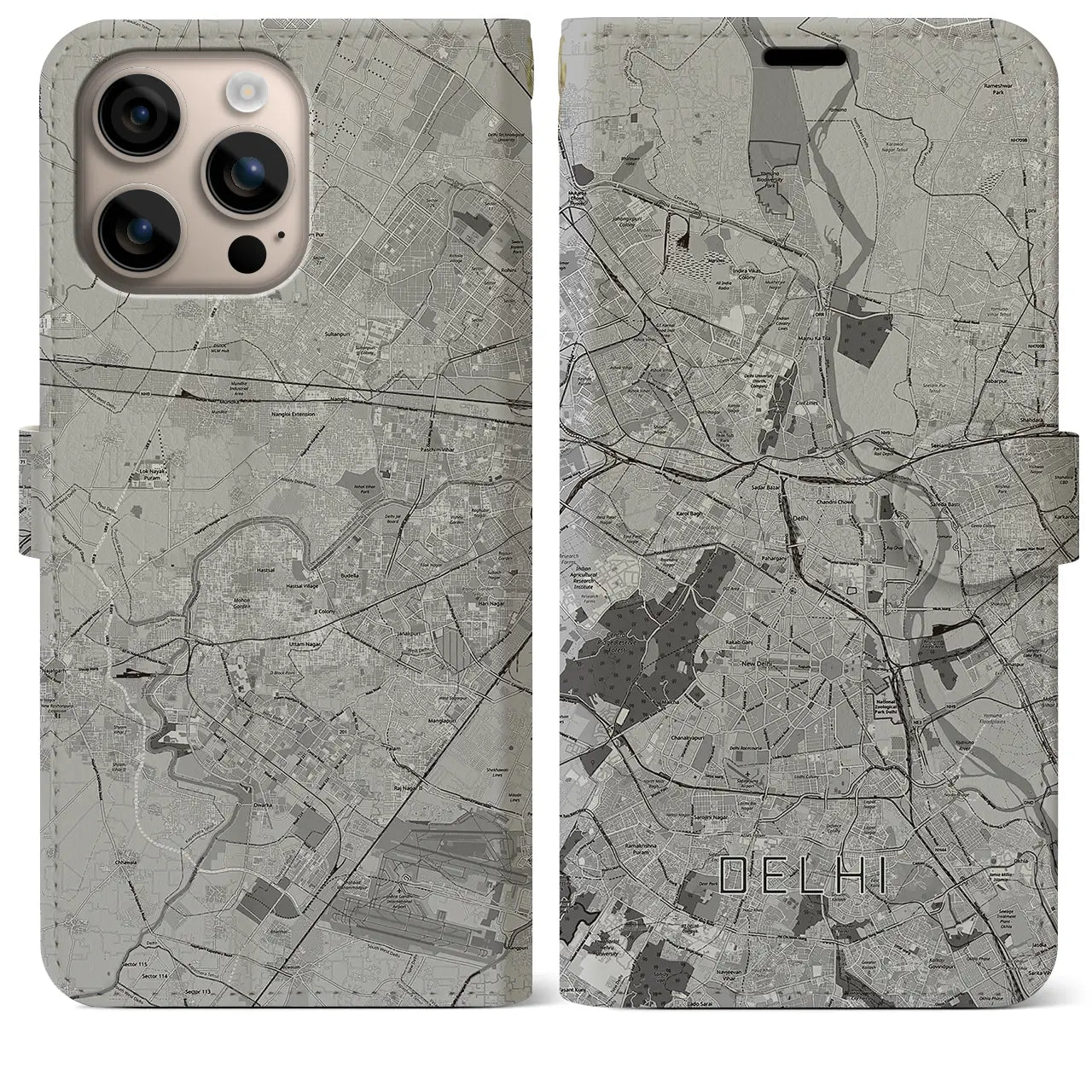 【デリー(インド)】地図柄iPhoneケース(手帳タイプ)モノトーン・iPhone 16 Plus 用