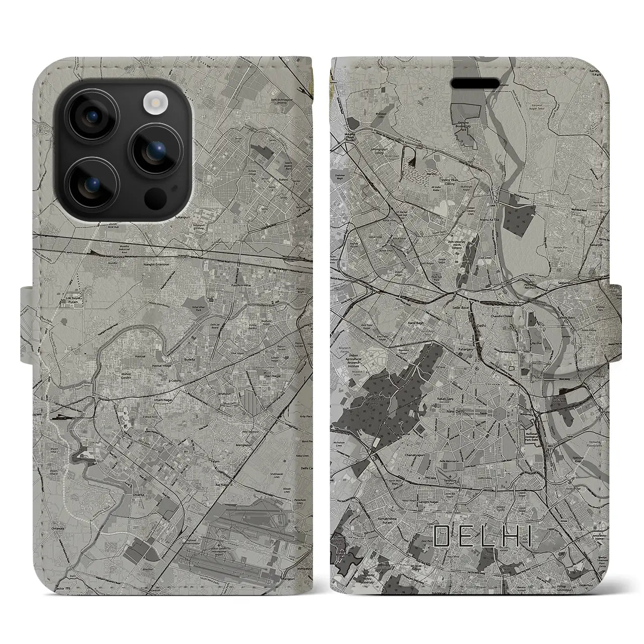 【デリー(インド)】地図柄iPhoneケース(手帳タイプ)モノトーン・iPhone 16 用