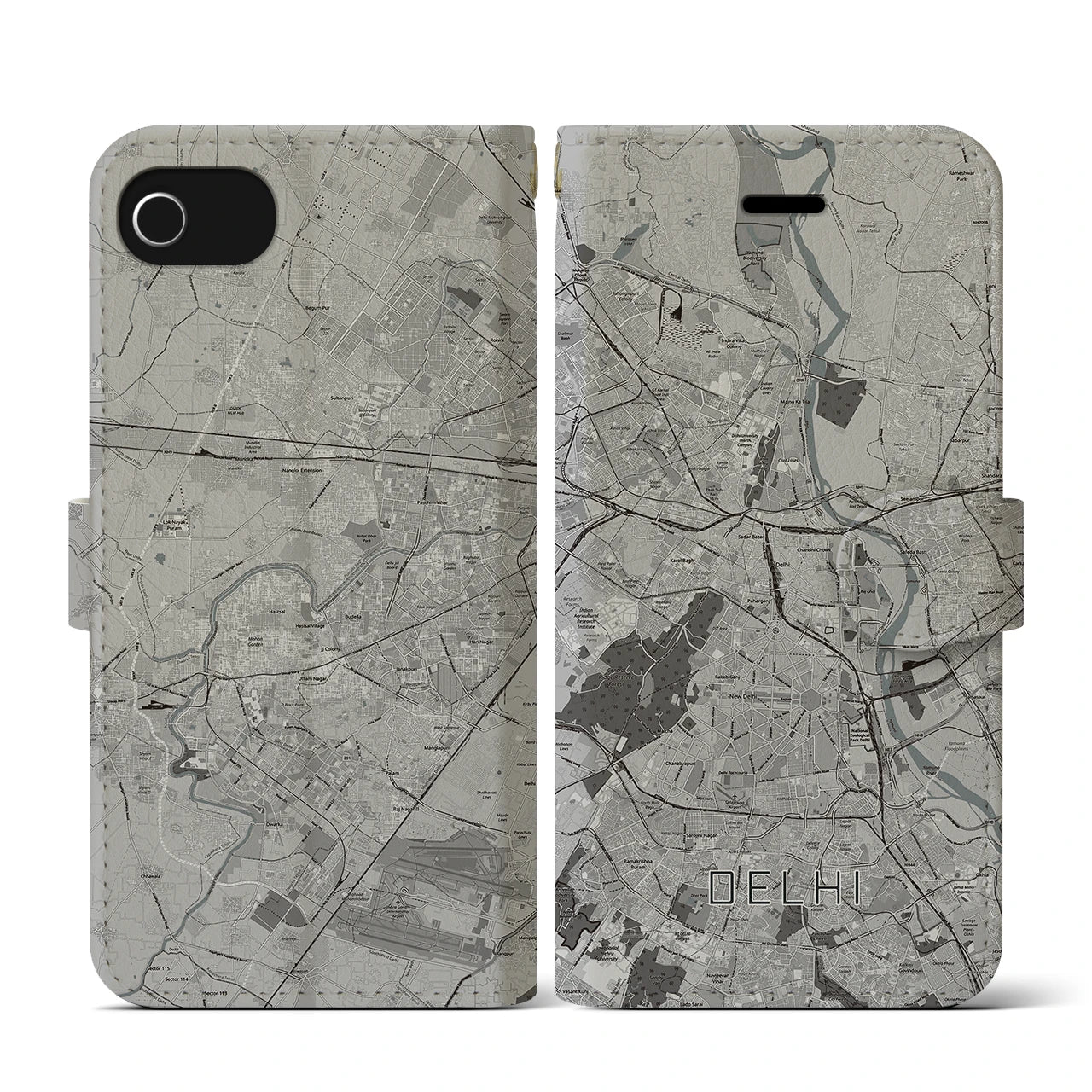 【デリー(インド)】地図柄iPhoneケース(手帳タイプ)モノトーン・iPhone SE(第3 / 第2世代) / 8 / 7 / 6s / 6 用