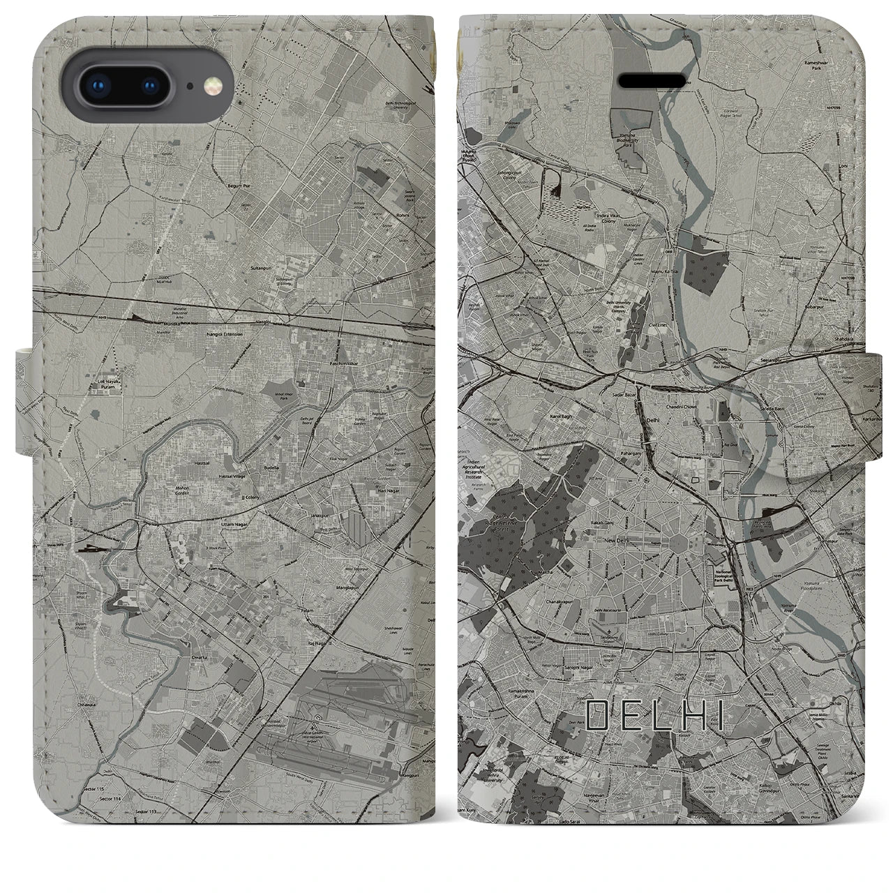 【デリー(インド)】地図柄iPhoneケース(手帳タイプ)モノトーン・iPhone 8Plus /7Plus / 6sPlus / 6Plus 用