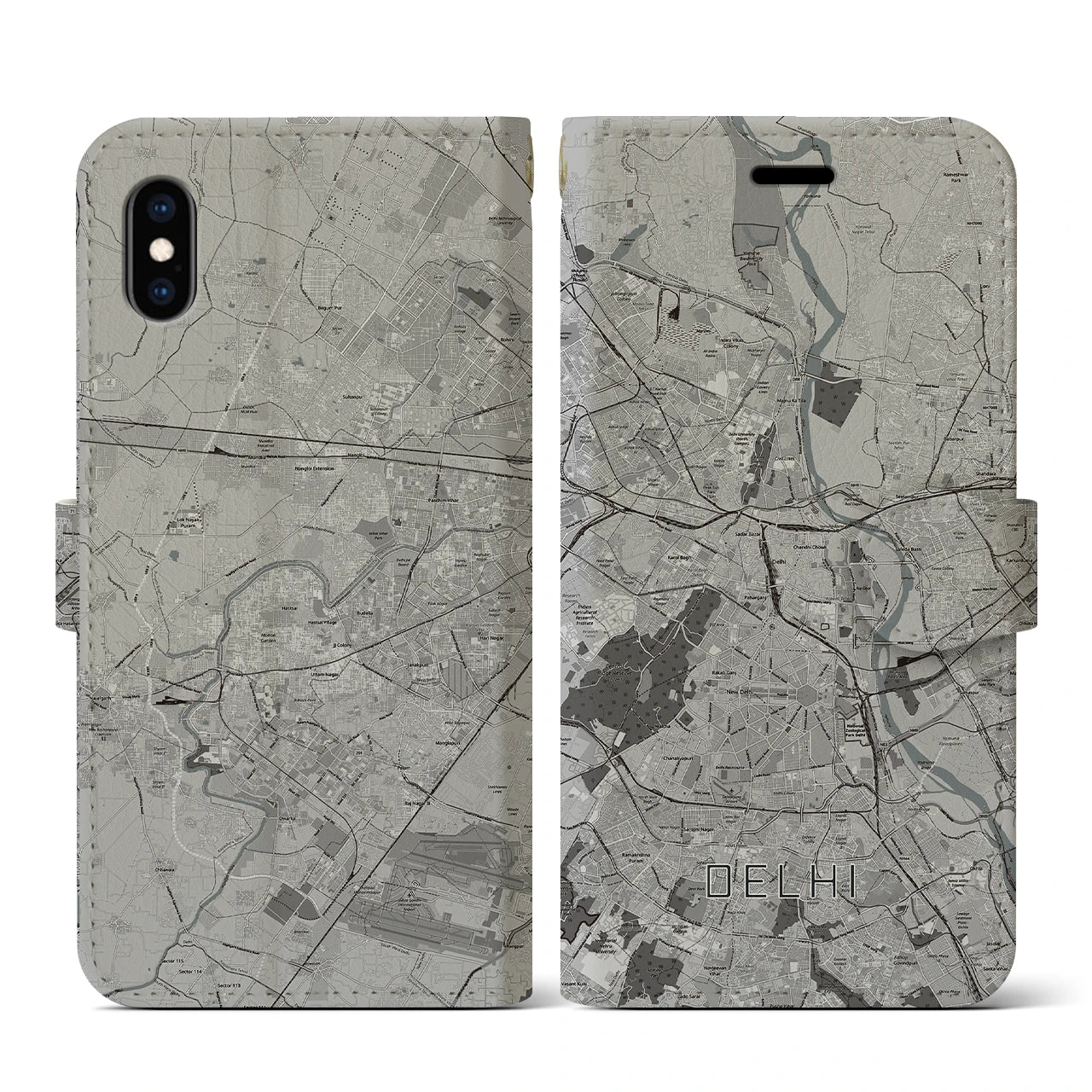 【デリー(インド)】地図柄iPhoneケース(手帳タイプ)モノトーン・iPhone XS / X 用