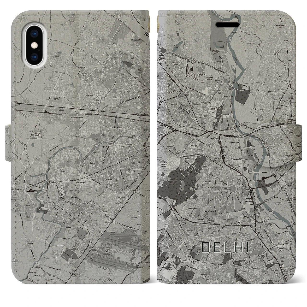 【デリー(インド)】地図柄iPhoneケース(手帳タイプ)モノトーン・iPhone XS Max 用
