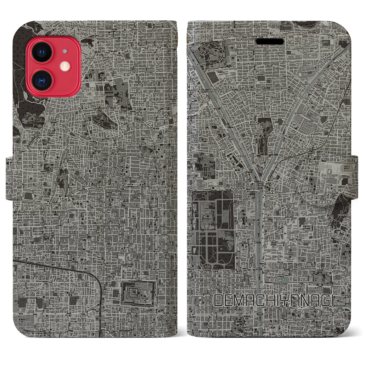 【出町柳(京都府)】地図柄iPhoneケース(手帳タイプ)モノトーン・iPhone 11 用