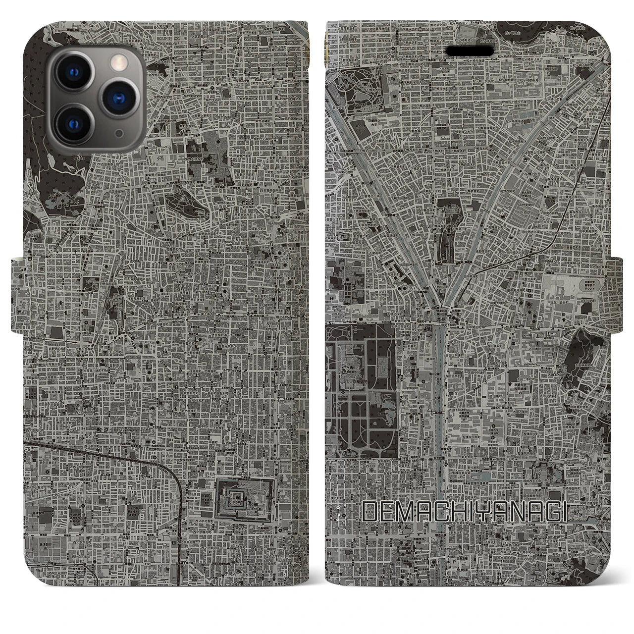 【出町柳(京都府)】地図柄iPhoneケース(手帳タイプ)モノトーン・iPhone 11 Pro Max 用