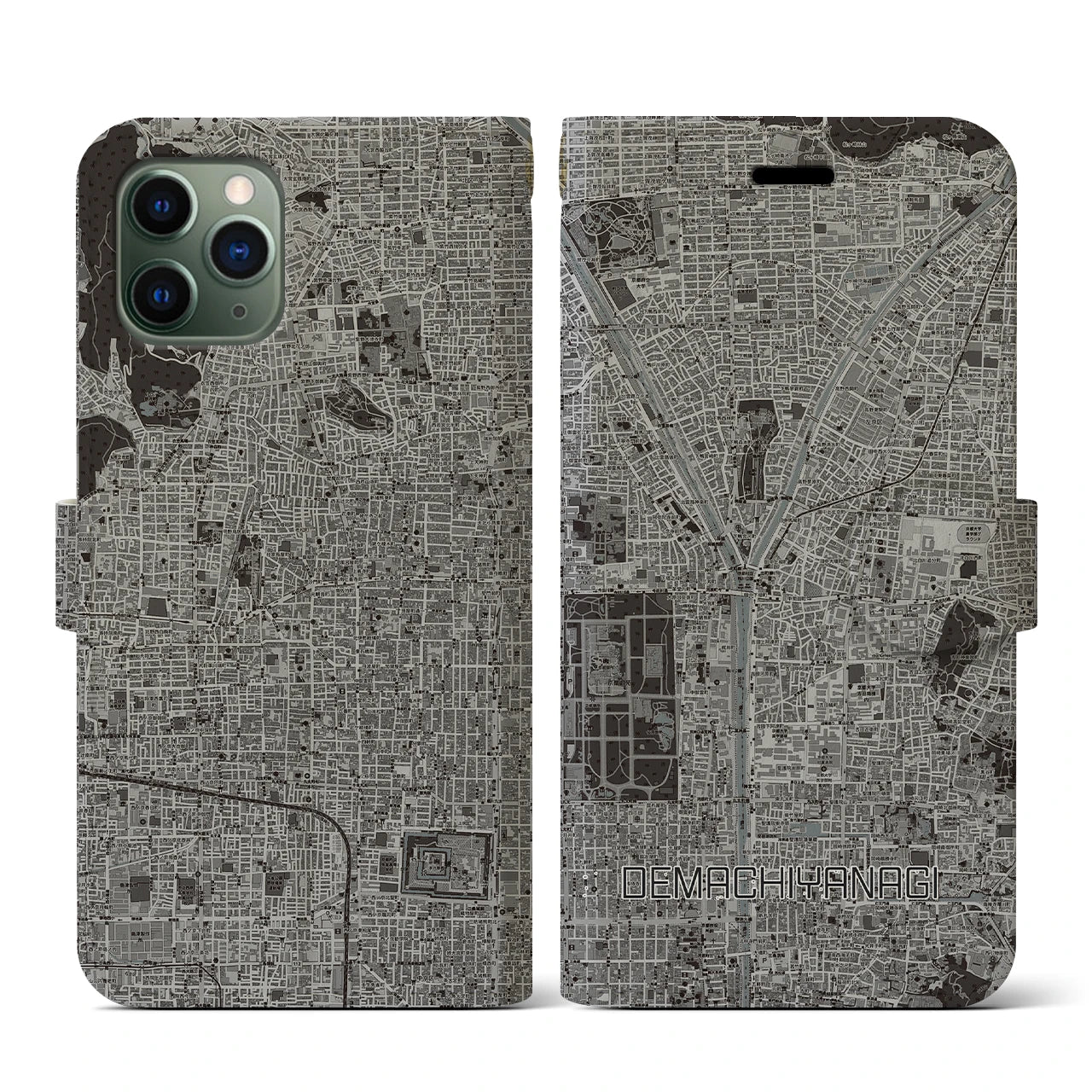 【出町柳(京都府)】地図柄iPhoneケース(手帳タイプ)モノトーン・iPhone 11 Pro 用