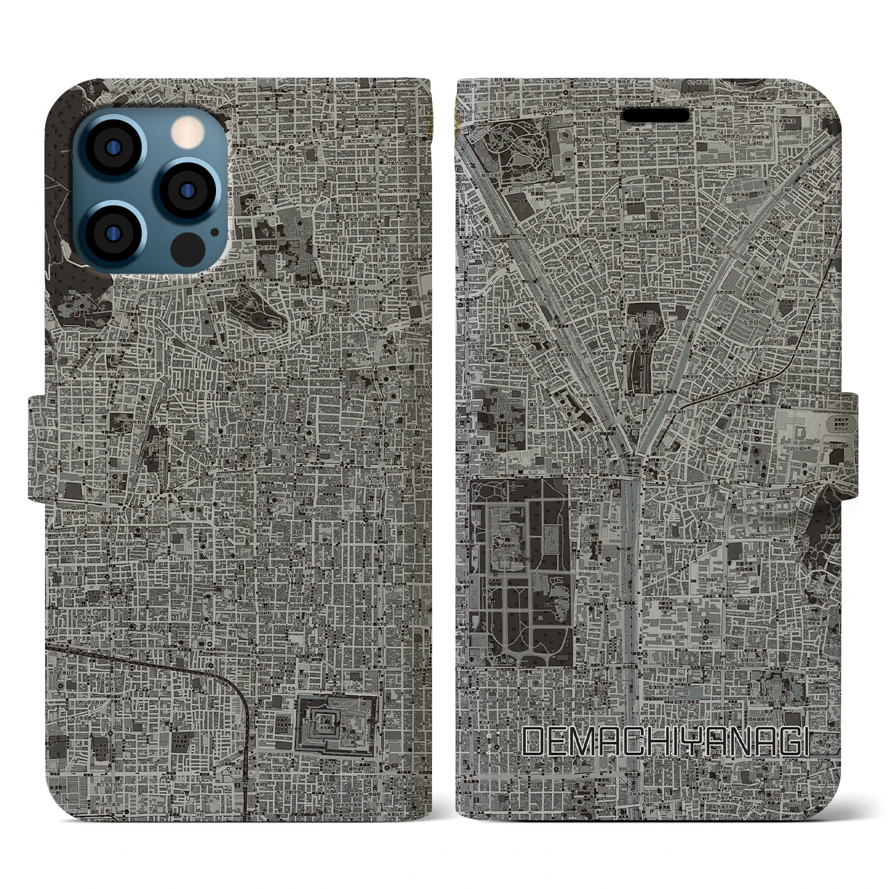【出町柳(京都府)】地図柄iPhoneケース(手帳タイプ)モノトーン・iPhone 12 / 12 Pro 用