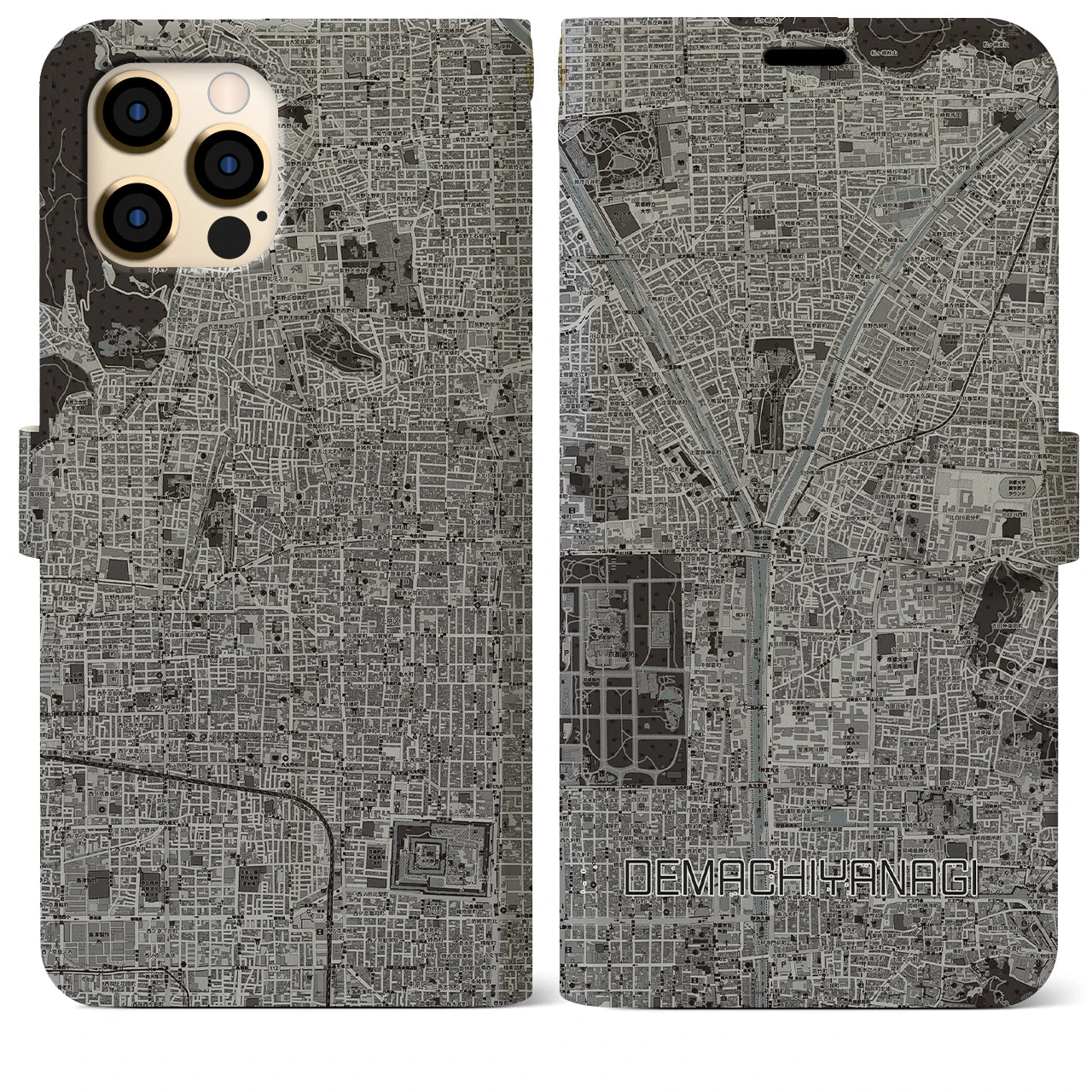 【出町柳(京都府)】地図柄iPhoneケース(手帳タイプ)モノトーン・iPhone 12 Pro Max 用