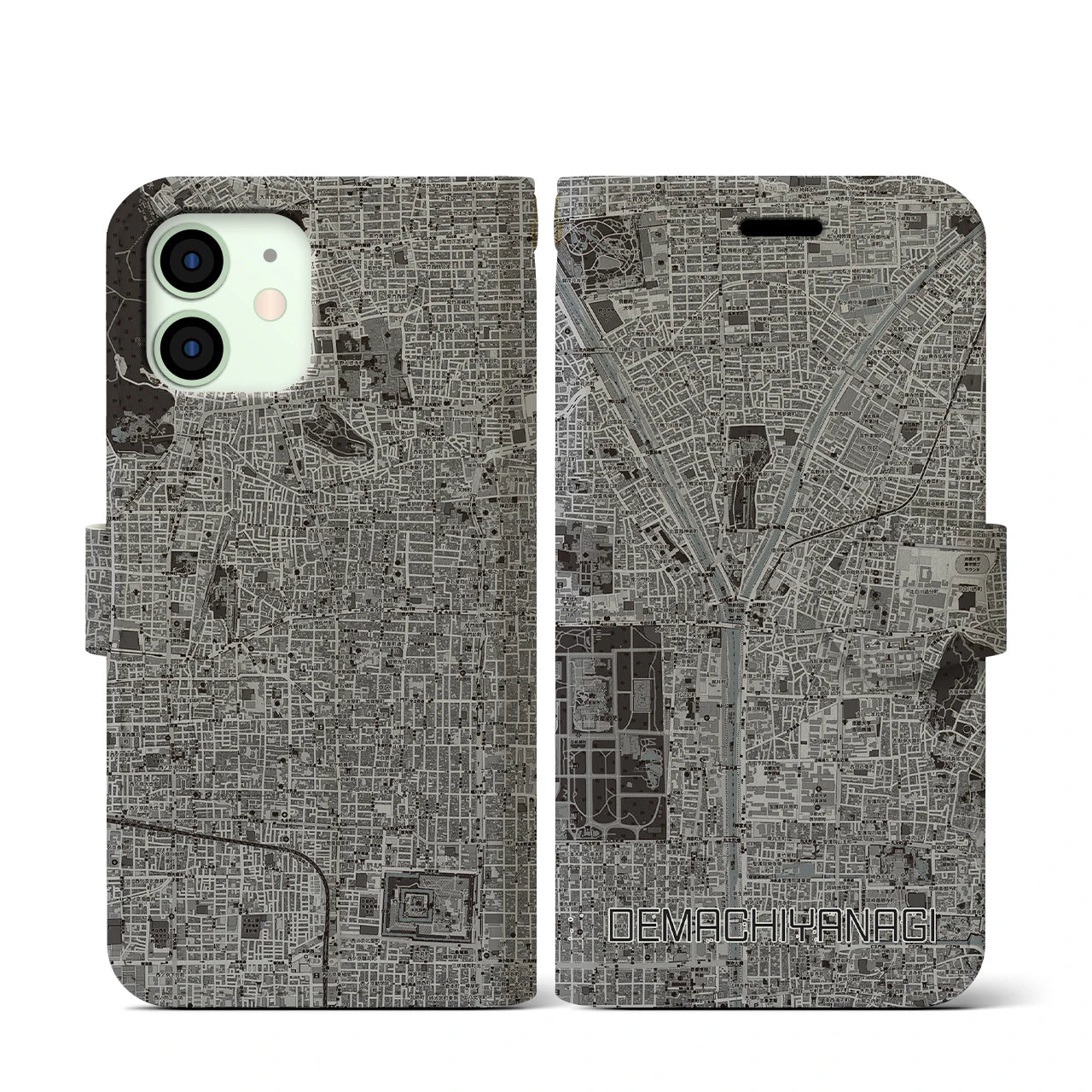 【出町柳(京都府)】地図柄iPhoneケース(手帳タイプ)モノトーン・iPhone 12 mini 用