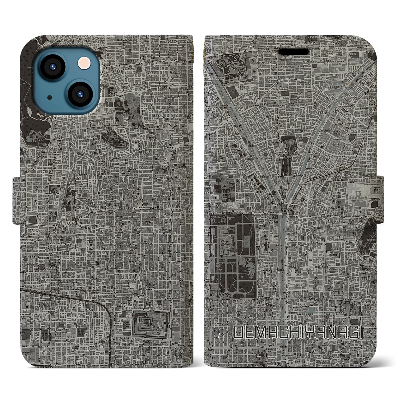 【出町柳(京都府)】地図柄iPhoneケース(手帳タイプ)モノトーン・iPhone 13 用