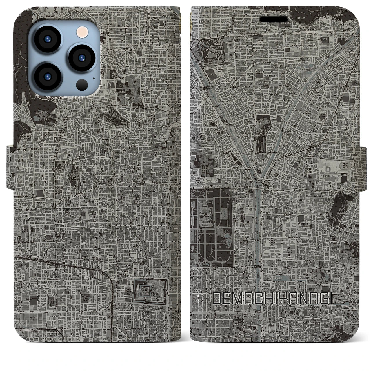 【出町柳(京都府)】地図柄iPhoneケース(手帳タイプ)モノトーン・iPhone 13 Pro Max 用