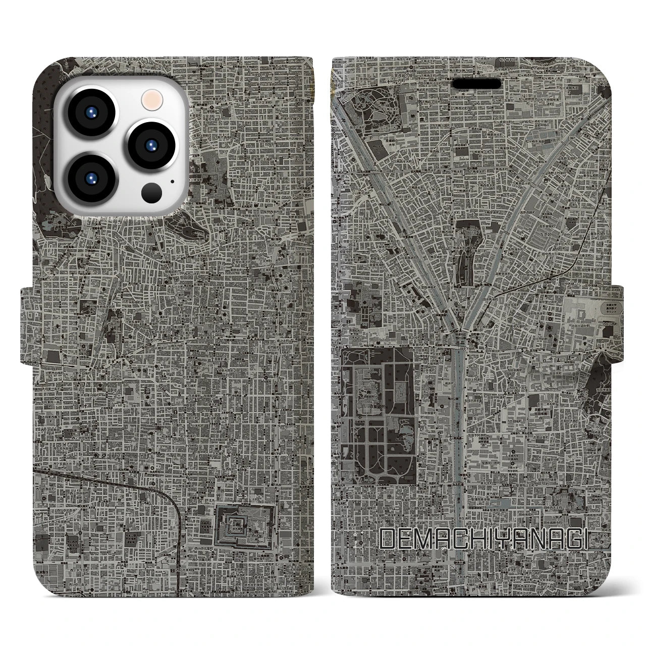 【出町柳(京都府)】地図柄iPhoneケース(手帳タイプ)モノトーン・iPhone 13 Pro 用