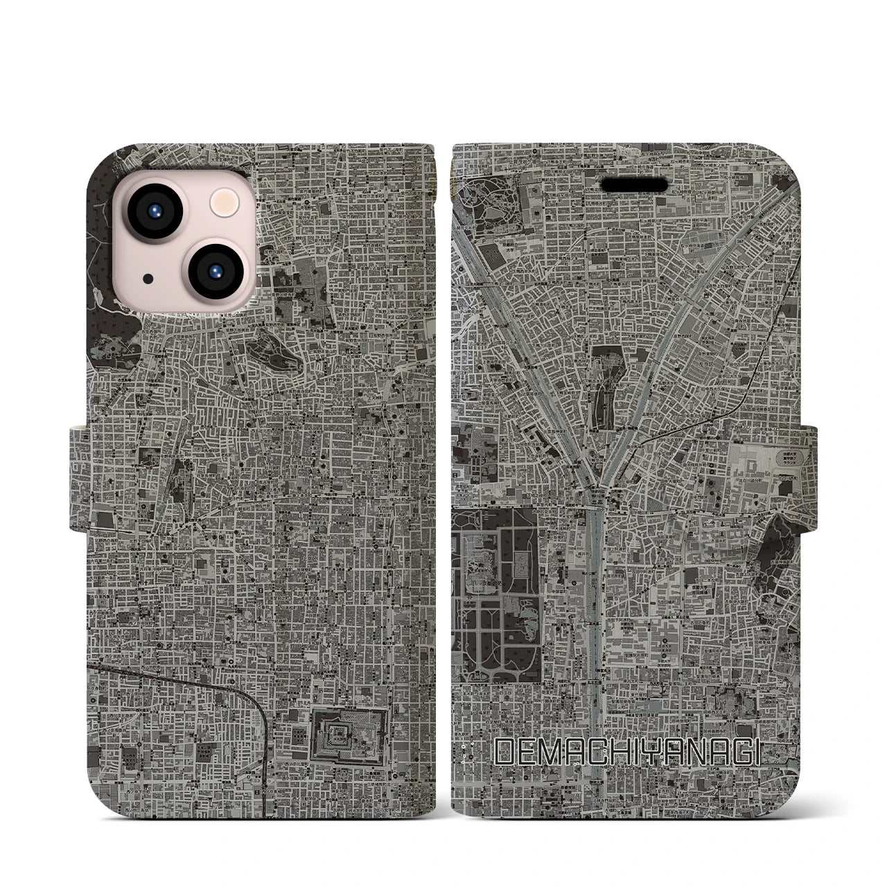 【出町柳(京都府)】地図柄iPhoneケース(手帳タイプ)モノトーン・iPhone 13 mini 用