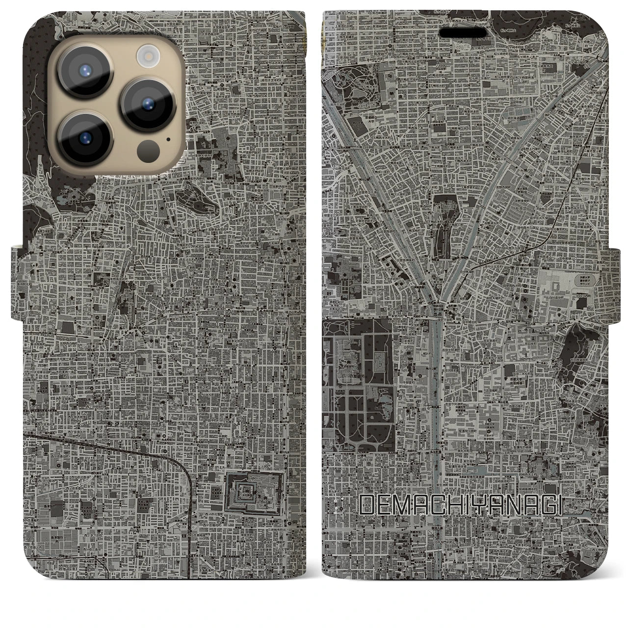 【出町柳(京都府)】地図柄iPhoneケース(手帳タイプ)モノトーン・iPhone 14 Pro Max 用