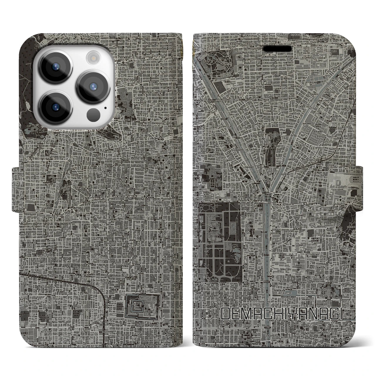 【出町柳(京都府)】地図柄iPhoneケース(手帳タイプ)モノトーン・iPhone 14 Pro 用