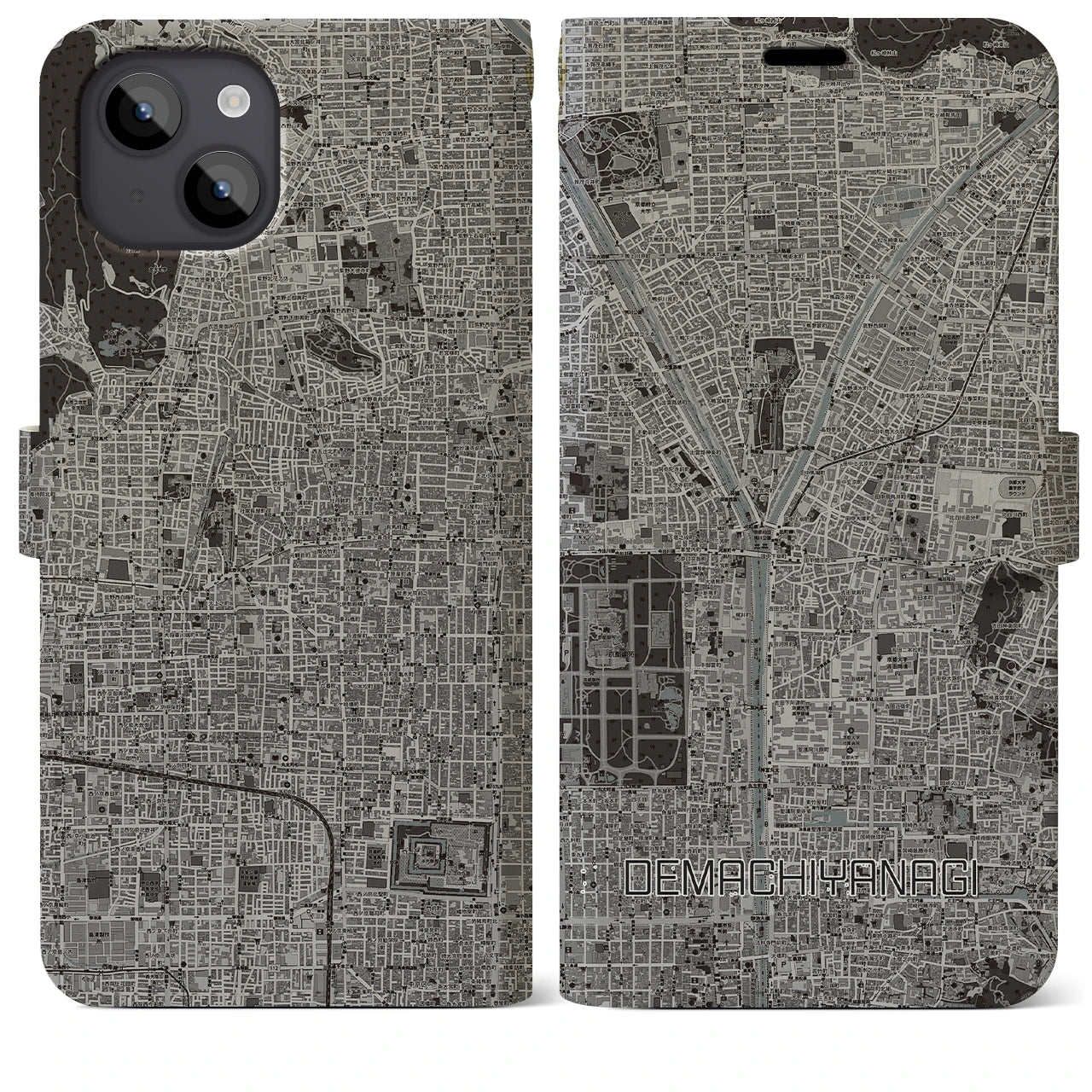 【出町柳(京都府)】地図柄iPhoneケース(手帳タイプ)モノトーン・iPhone 14 Plus 用