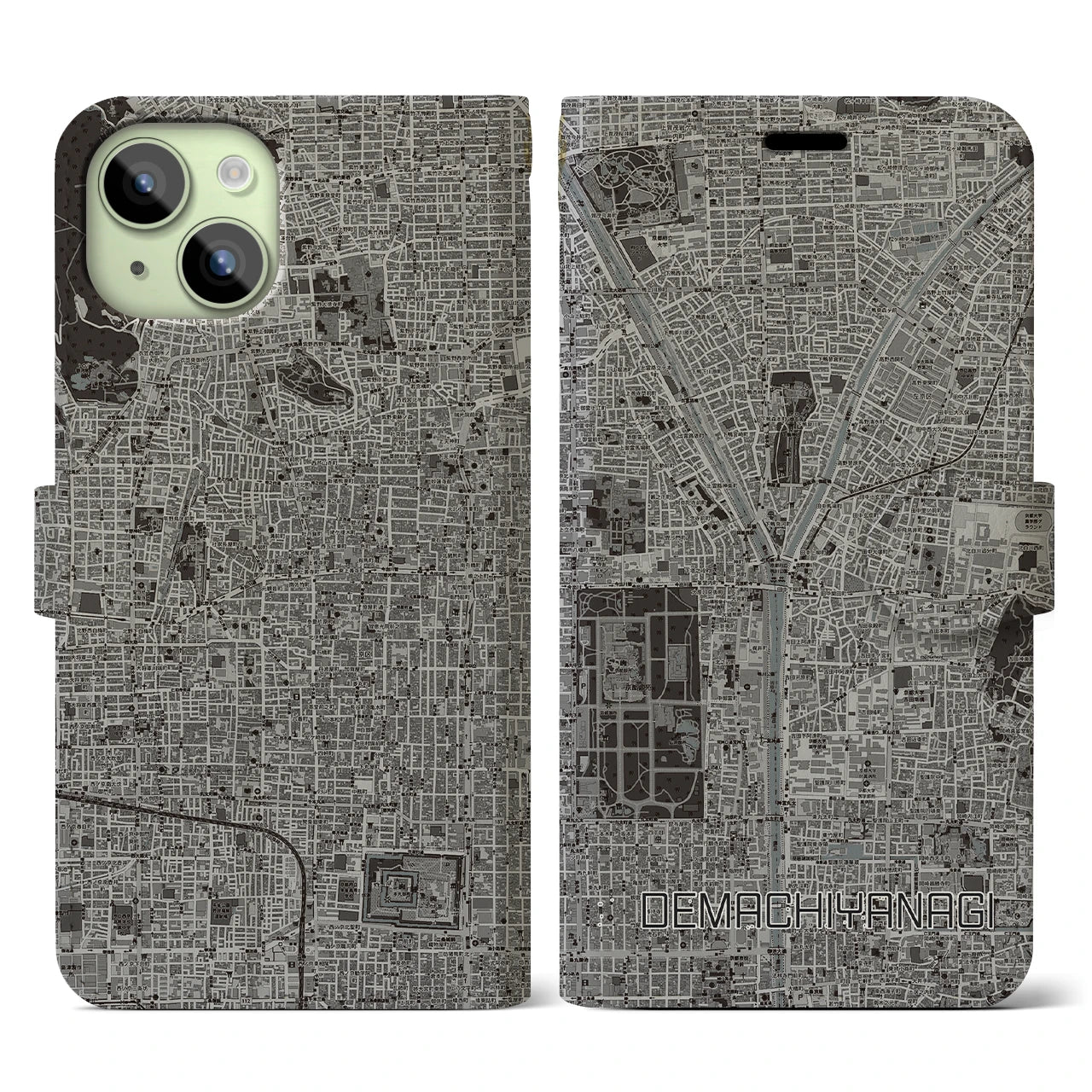 【出町柳(京都府)】地図柄iPhoneケース(手帳タイプ)モノトーン・iPhone 15 用