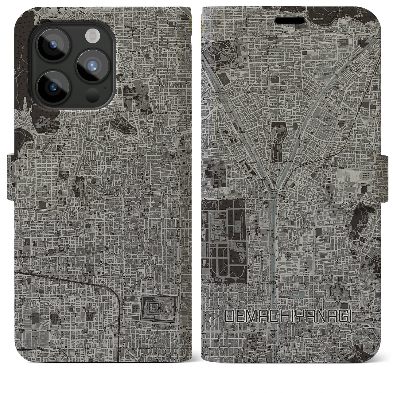 【出町柳(京都府)】地図柄iPhoneケース(手帳タイプ)モノトーン・iPhone 15 Pro Max 用