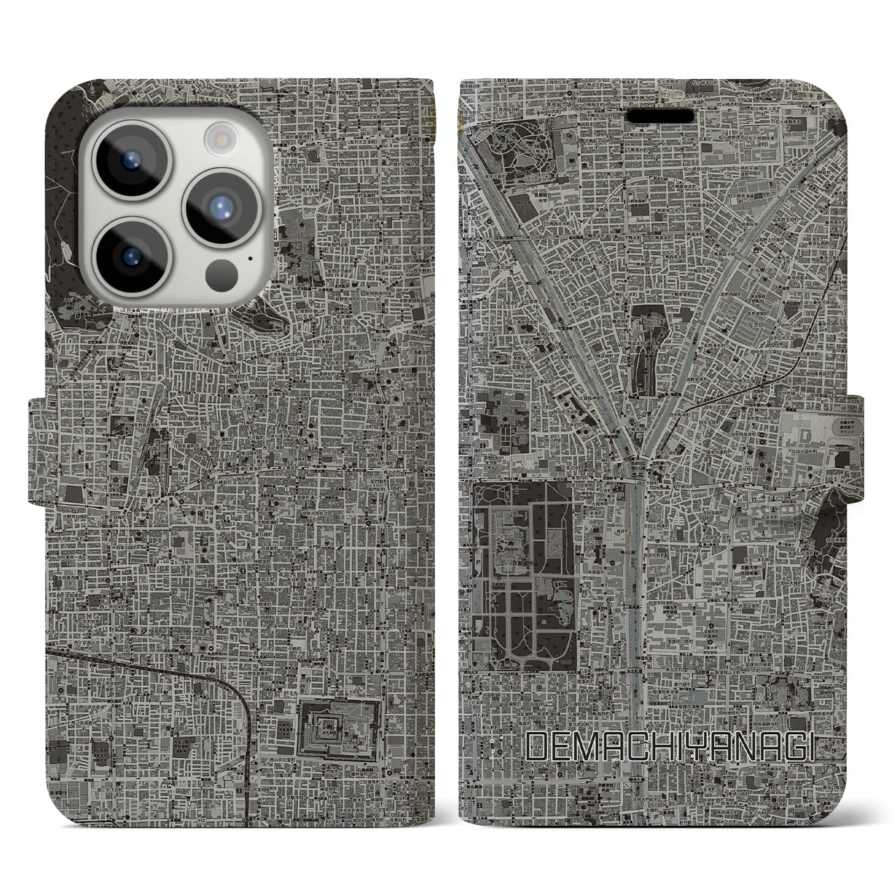 【出町柳(京都府)】地図柄iPhoneケース(手帳タイプ)モノトーン・iPhone 15 Pro 用