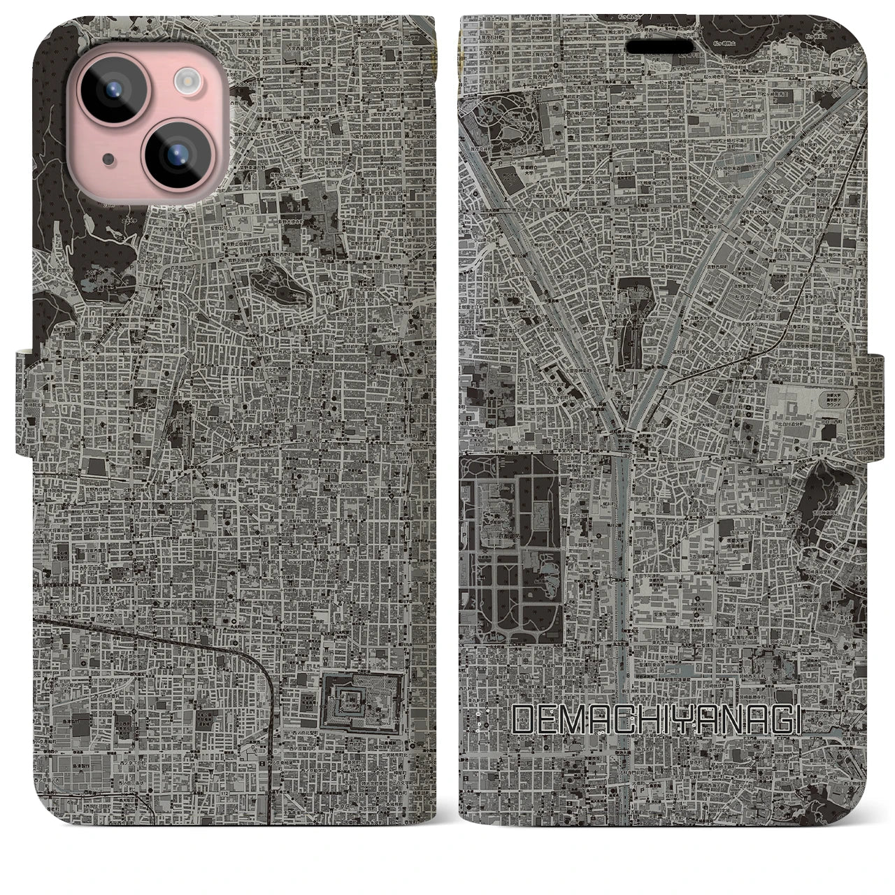 【出町柳(京都府)】地図柄iPhoneケース(手帳タイプ)モノトーン・iPhone 15 Plus 用