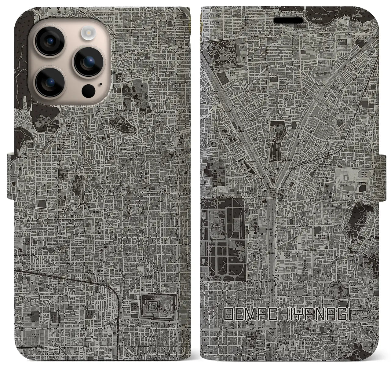 【出町柳(京都府)】地図柄iPhoneケース(手帳タイプ)モノトーン・iPhone 16 Plus 用