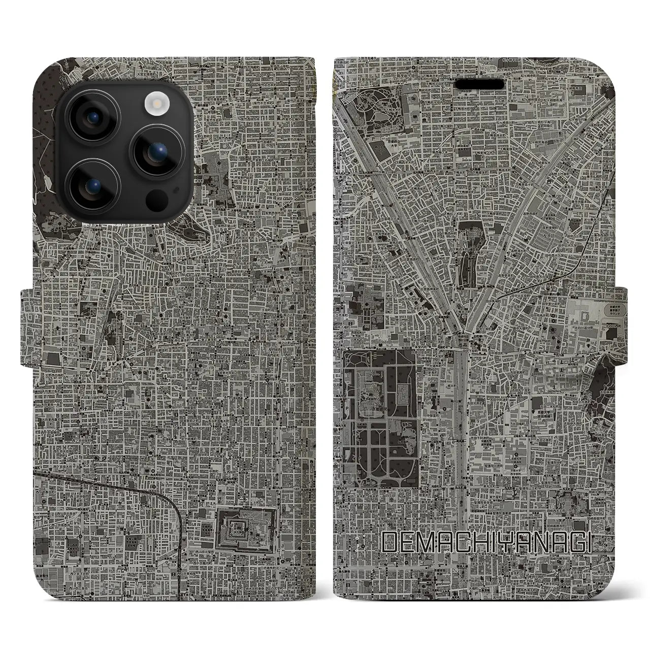 【出町柳(京都府)】地図柄iPhoneケース(手帳タイプ)モノトーン・iPhone 16 用