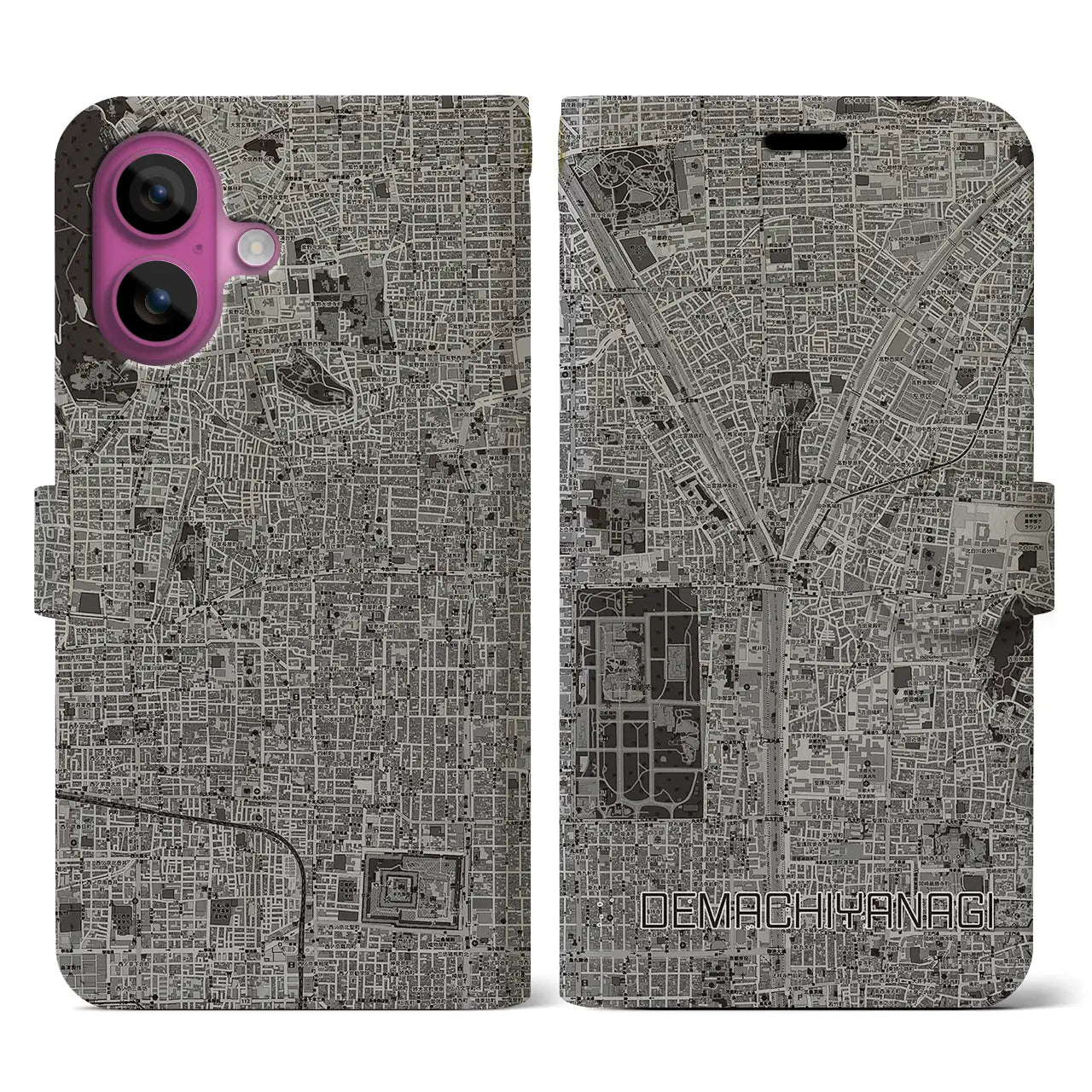 【出町柳(京都府)】地図柄iPhoneケース(手帳タイプ)モノトーン・iPhone 16 Pro 用