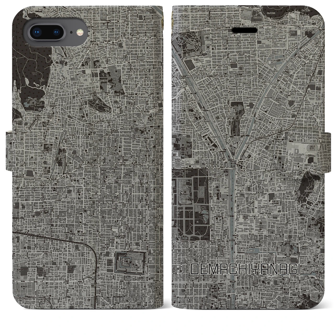 【出町柳(京都府)】地図柄iPhoneケース(手帳タイプ)モノトーン・iPhone 8Plus /7Plus / 6sPlus / 6Plus 用