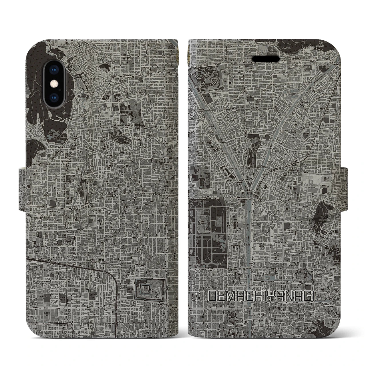 【出町柳(京都府)】地図柄iPhoneケース(手帳タイプ)モノトーン・iPhone XS / X 用