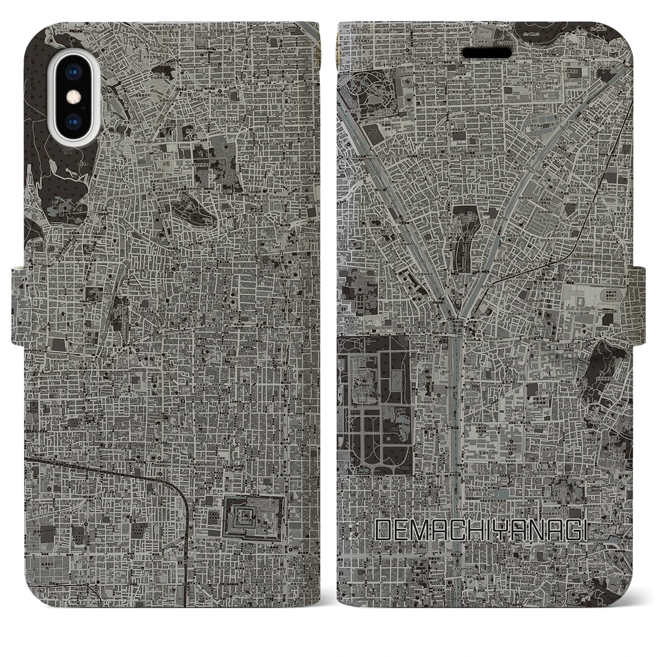 【出町柳(京都府)】地図柄iPhoneケース(手帳タイプ)モノトーン・iPhone XS Max 用