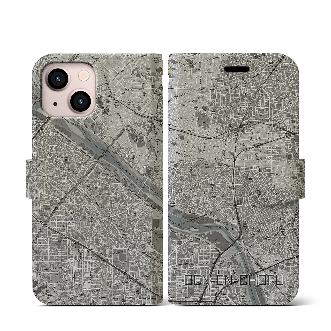 【田園調布(東京都)】地図柄iPhoneケース(手帳タイプ)モノトーン・iPhone 13 mini 用