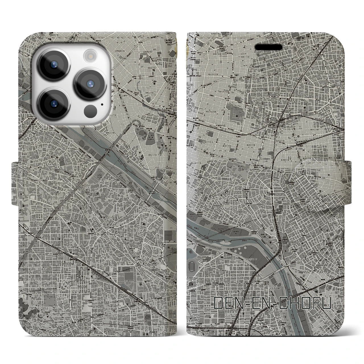 【田園調布(東京都)】地図柄iPhoneケース(手帳タイプ)モノトーン・iPhone 14 Pro 用