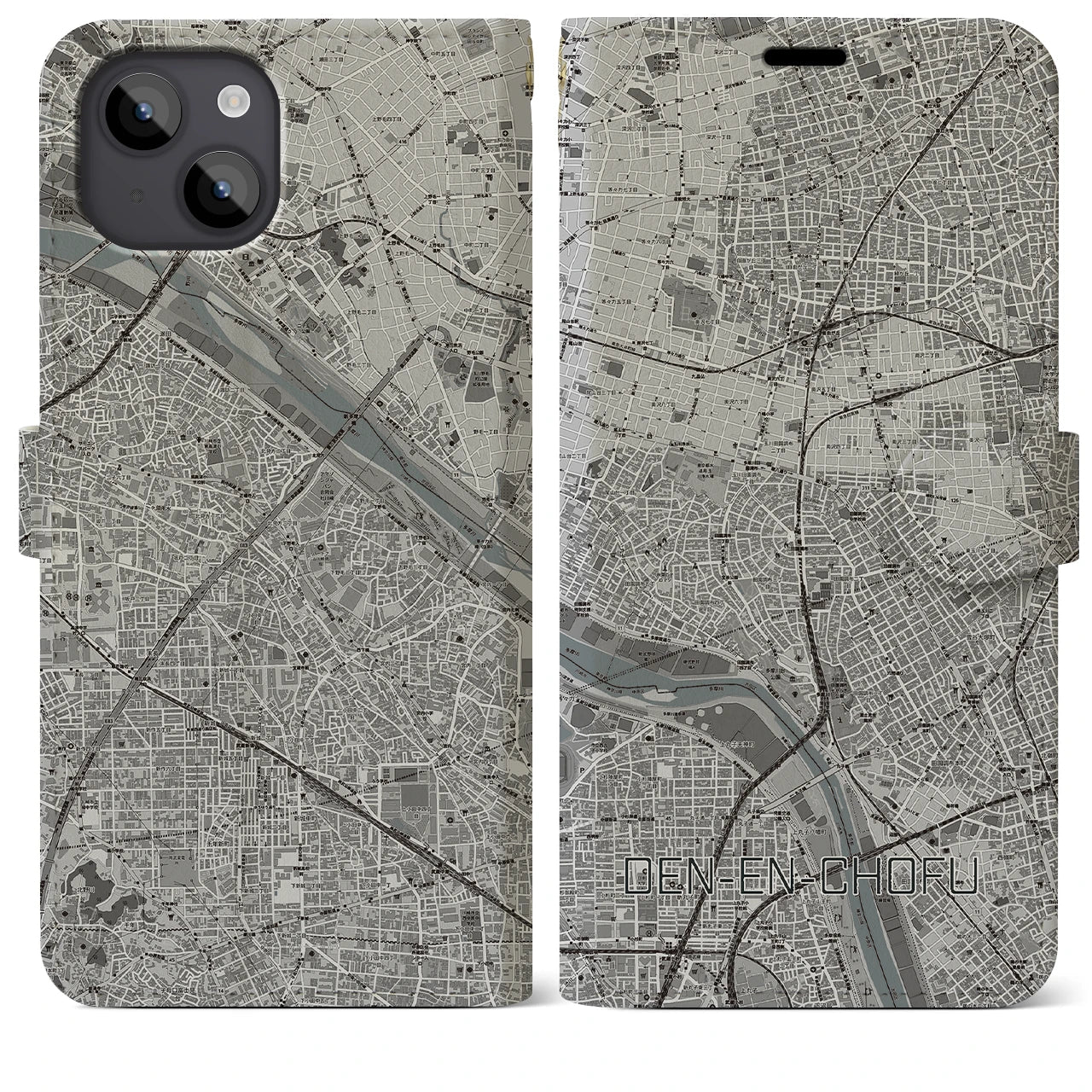 【田園調布(東京都)】地図柄iPhoneケース(手帳タイプ)モノトーン・iPhone 14 Plus 用