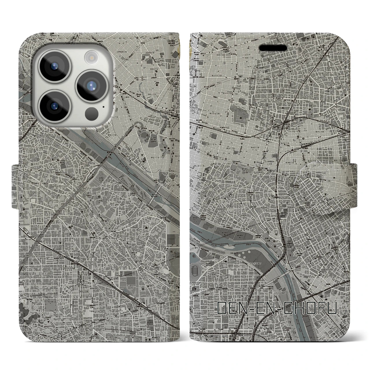 【田園調布(東京都)】地図柄iPhoneケース(手帳タイプ)モノトーン・iPhone 15 Pro 用