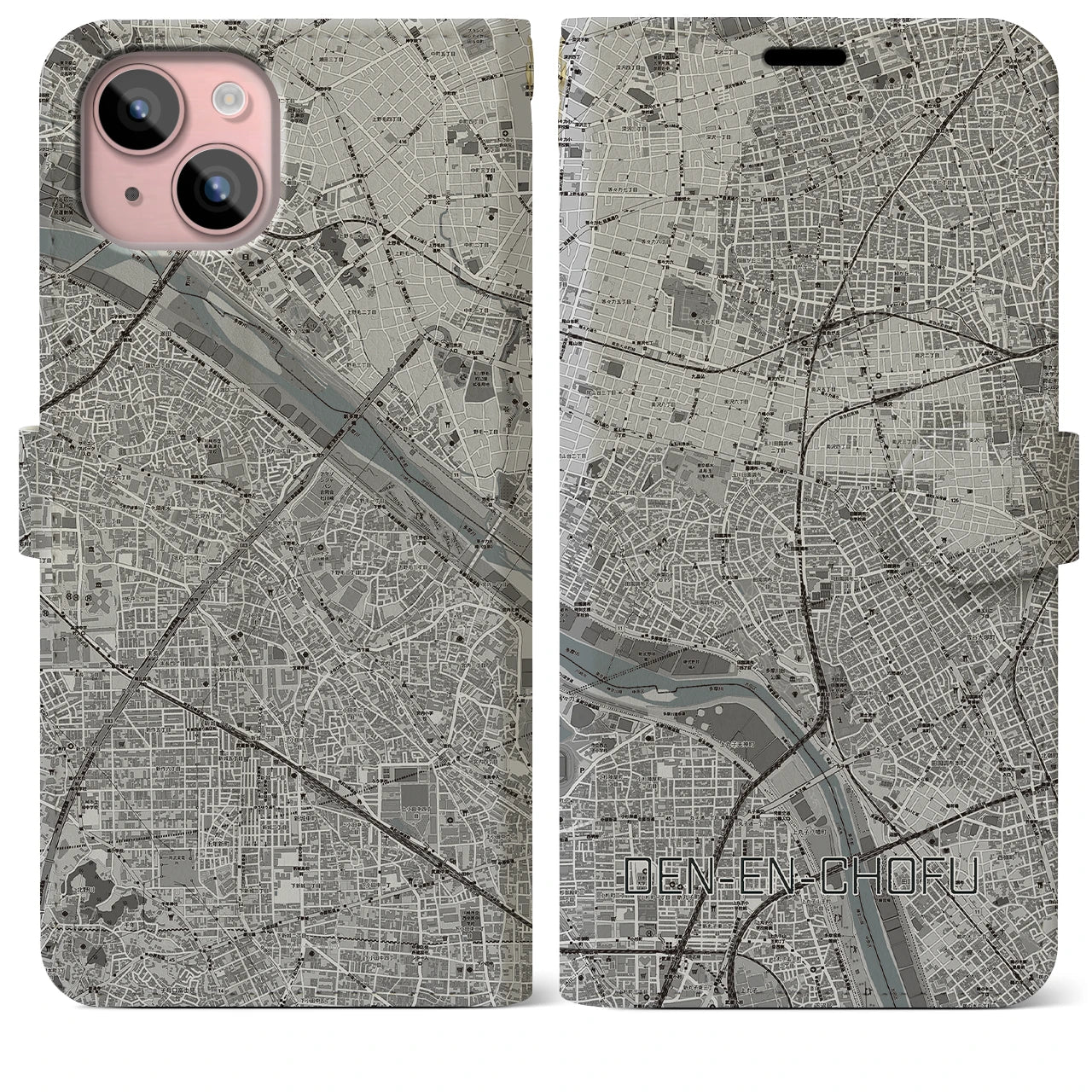 【田園調布(東京都)】地図柄iPhoneケース(手帳タイプ)モノトーン・iPhone 15 Plus 用