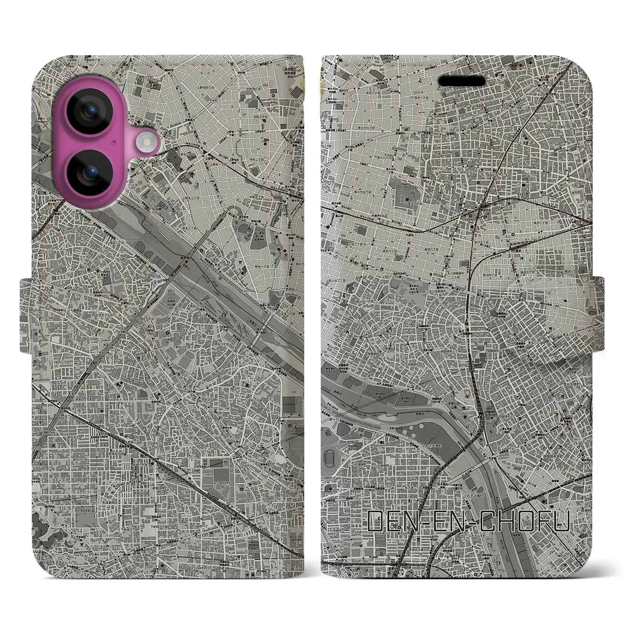 【田園調布(東京都)】地図柄iPhoneケース(手帳タイプ)モノトーン・iPhone 16 Pro 用