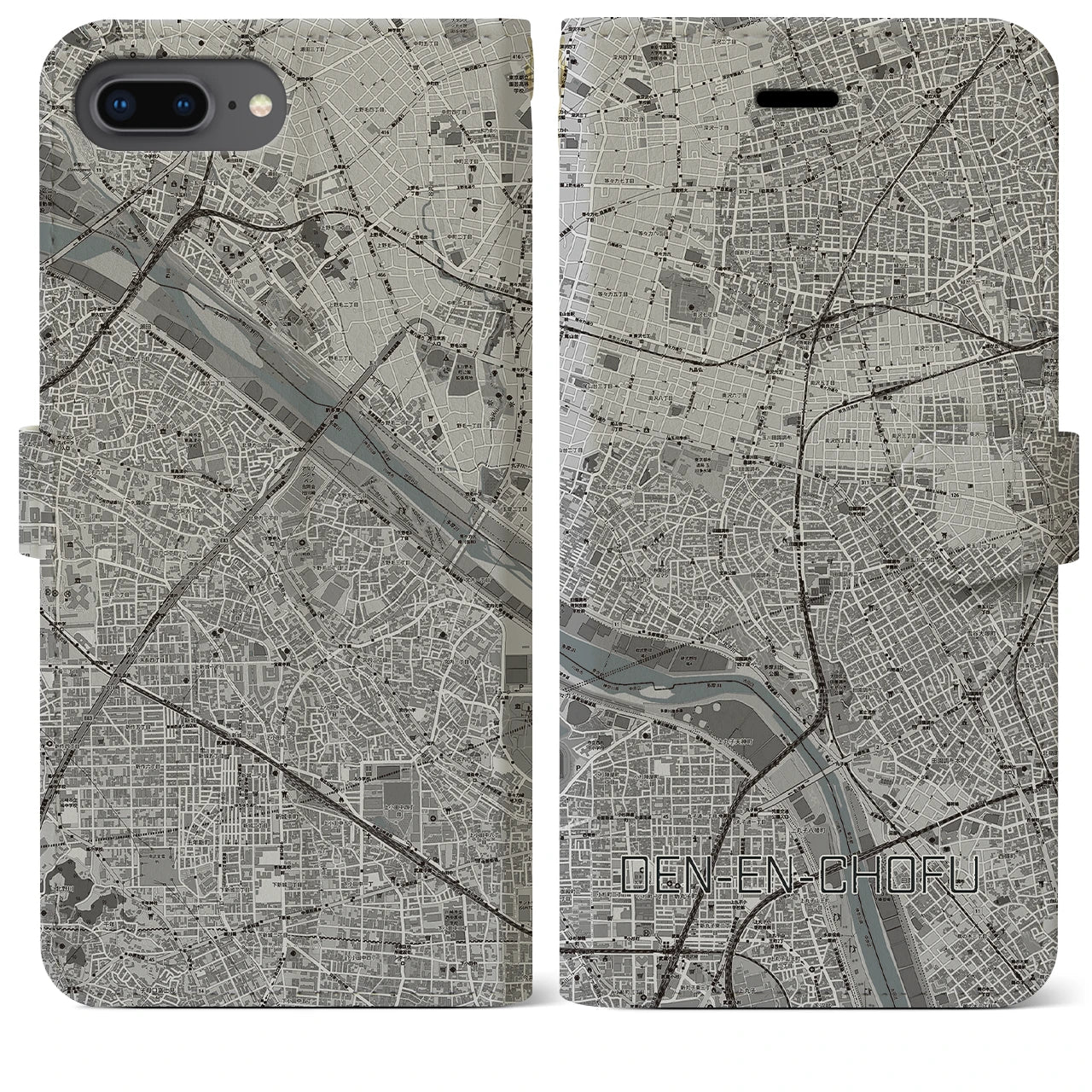 【田園調布(東京都)】地図柄iPhoneケース(手帳タイプ)モノトーン・iPhone 8Plus /7Plus / 6sPlus / 6Plus 用