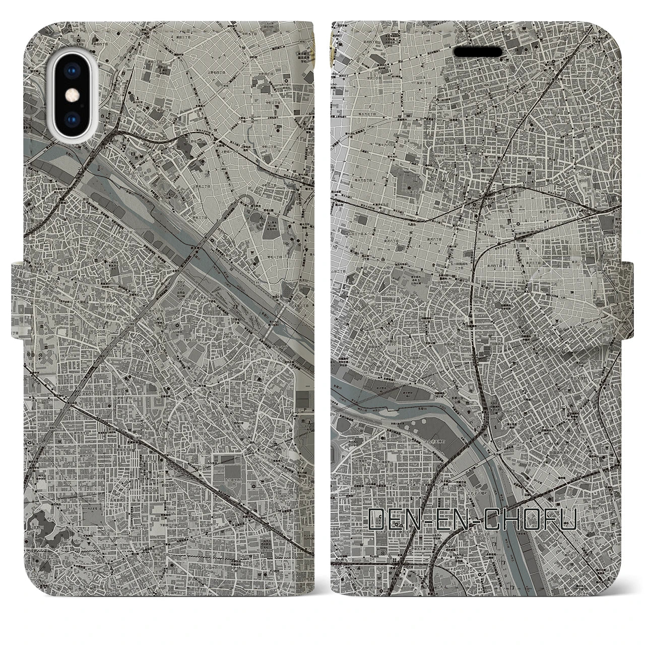 【田園調布(東京都)】地図柄iPhoneケース(手帳タイプ)モノトーン・iPhone XS Max 用
