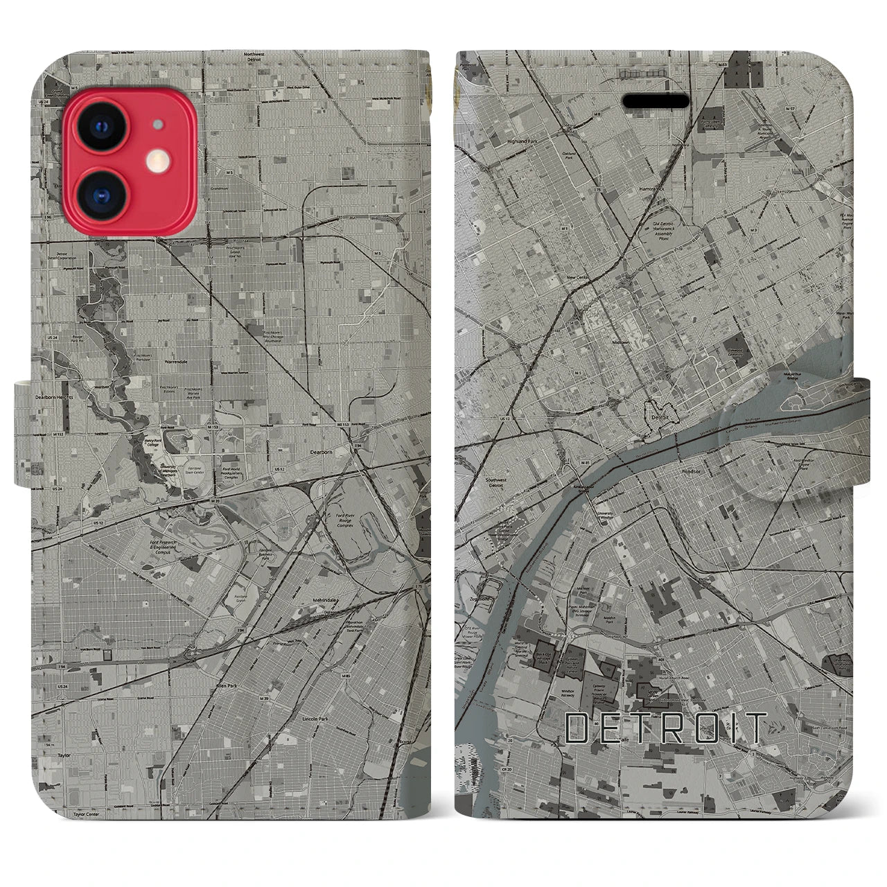 【デトロイト(アメリカ)】地図柄iPhoneケース(手帳タイプ)モノトーン・iPhone 11 用