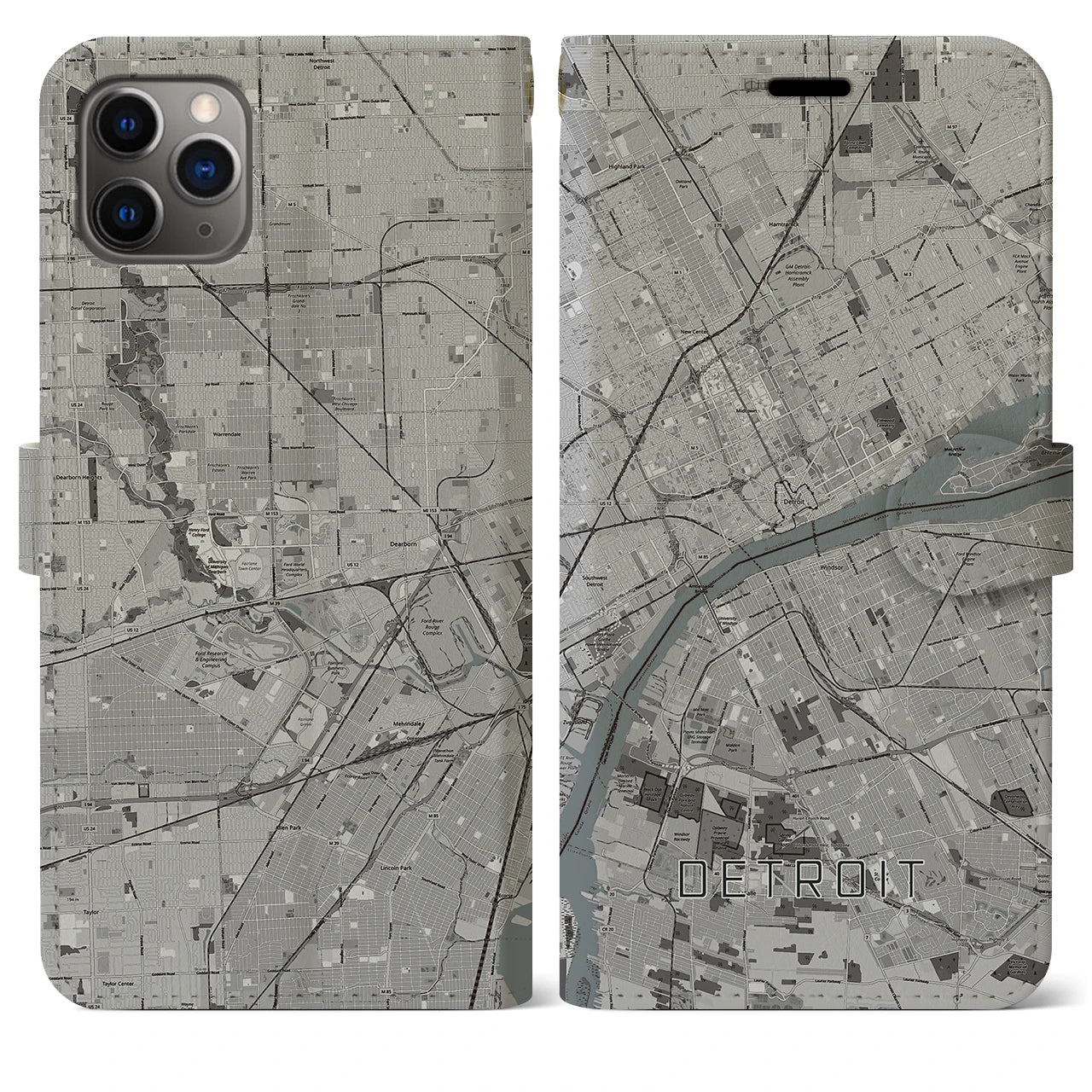 【デトロイト(アメリカ)】地図柄iPhoneケース(手帳タイプ)モノトーン・iPhone 11 Pro Max 用