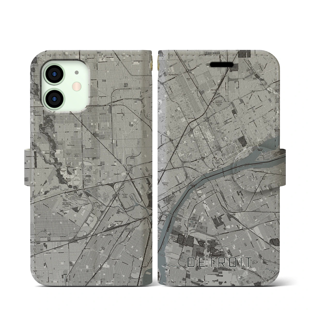 【デトロイト(アメリカ)】地図柄iPhoneケース(手帳タイプ)モノトーン・iPhone 12 mini 用