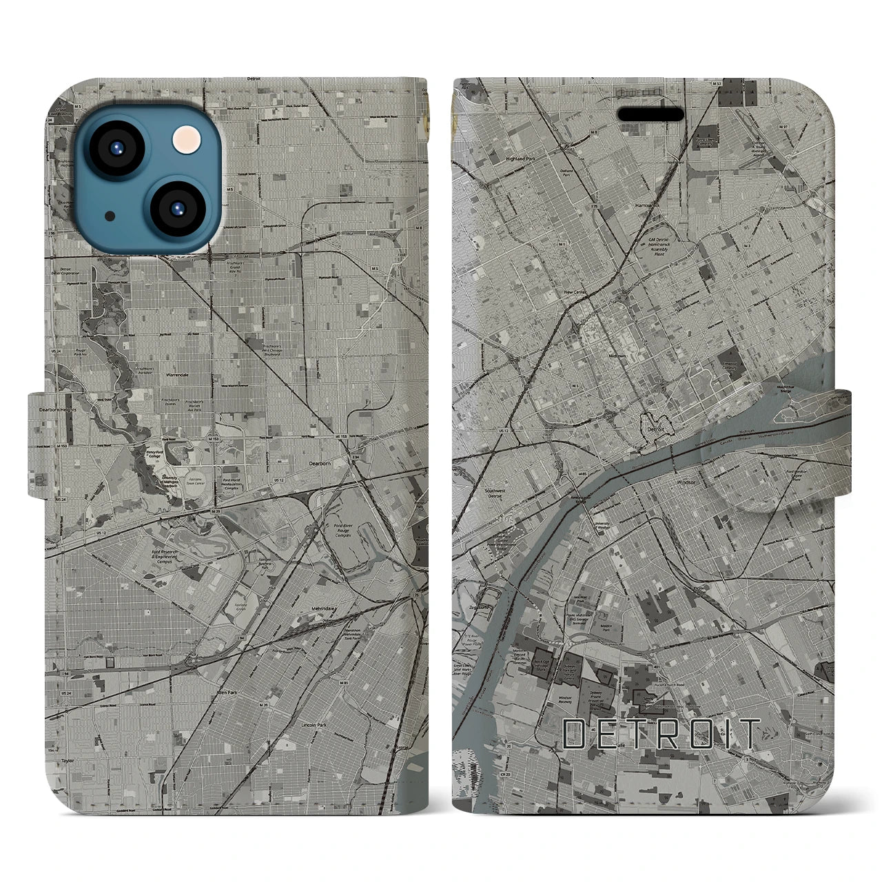 【デトロイト(アメリカ)】地図柄iPhoneケース(手帳タイプ)モノトーン・iPhone 13 用