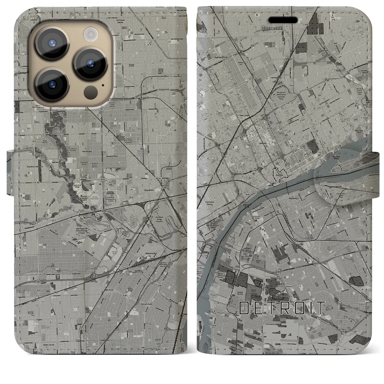 【デトロイト(アメリカ)】地図柄iPhoneケース(手帳タイプ)モノトーン・iPhone 14 Pro Max 用
