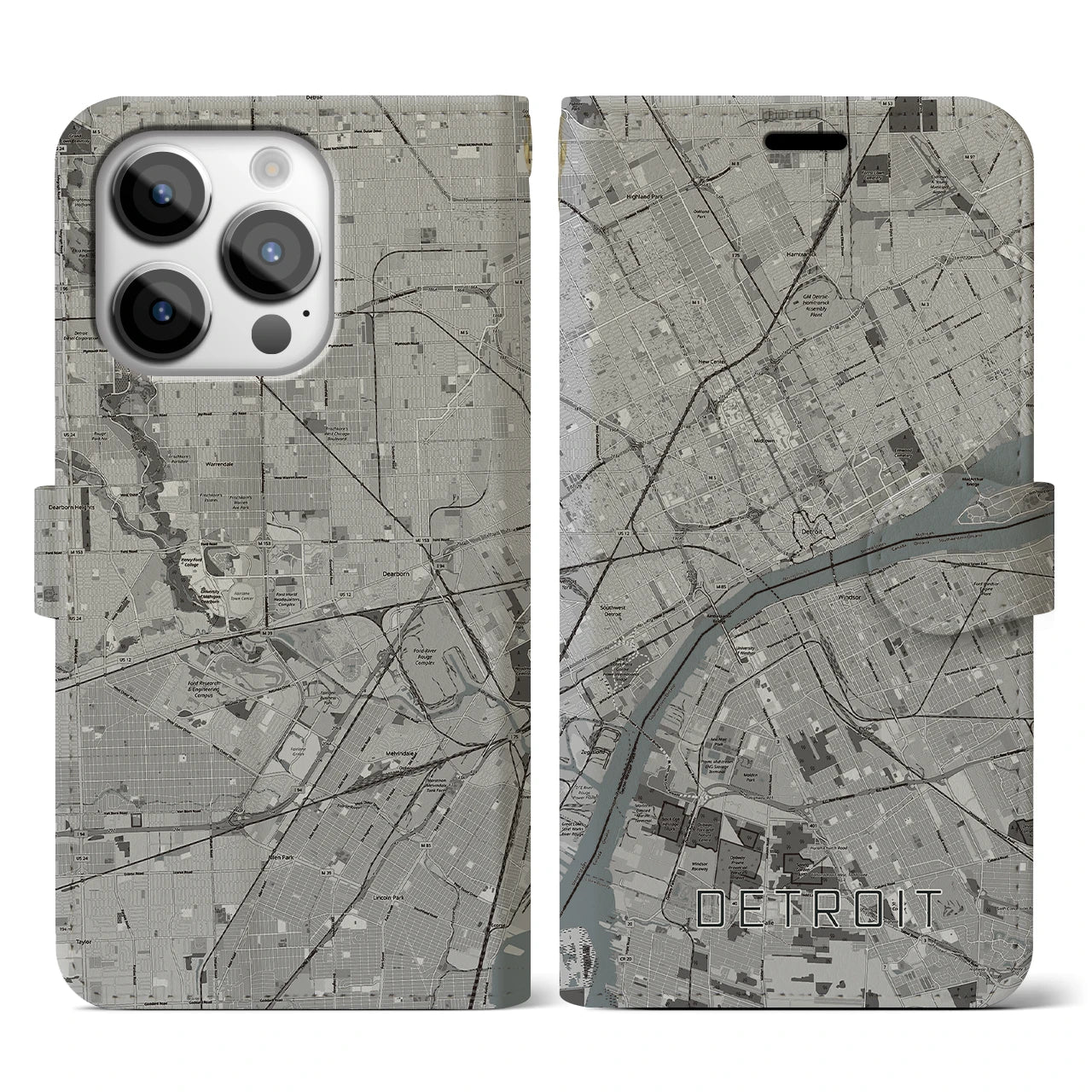 【デトロイト(アメリカ)】地図柄iPhoneケース(手帳タイプ)モノトーン・iPhone 14 Pro 用