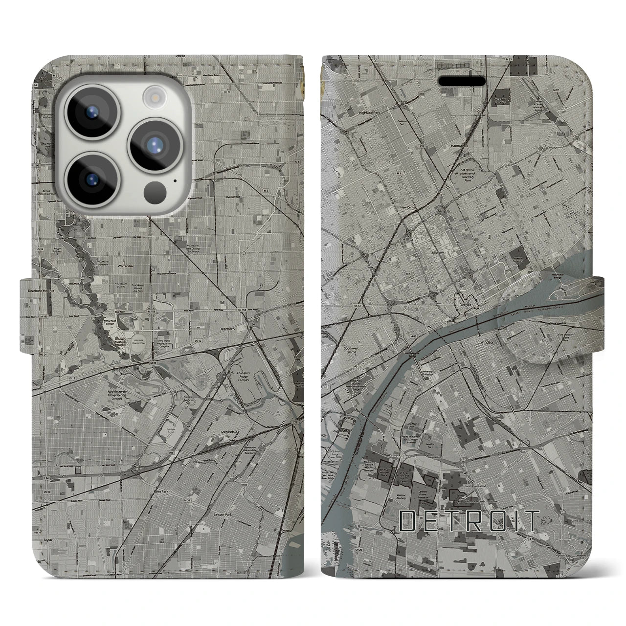 【デトロイト(アメリカ)】地図柄iPhoneケース(手帳タイプ)モノトーン・iPhone 15 Pro 用