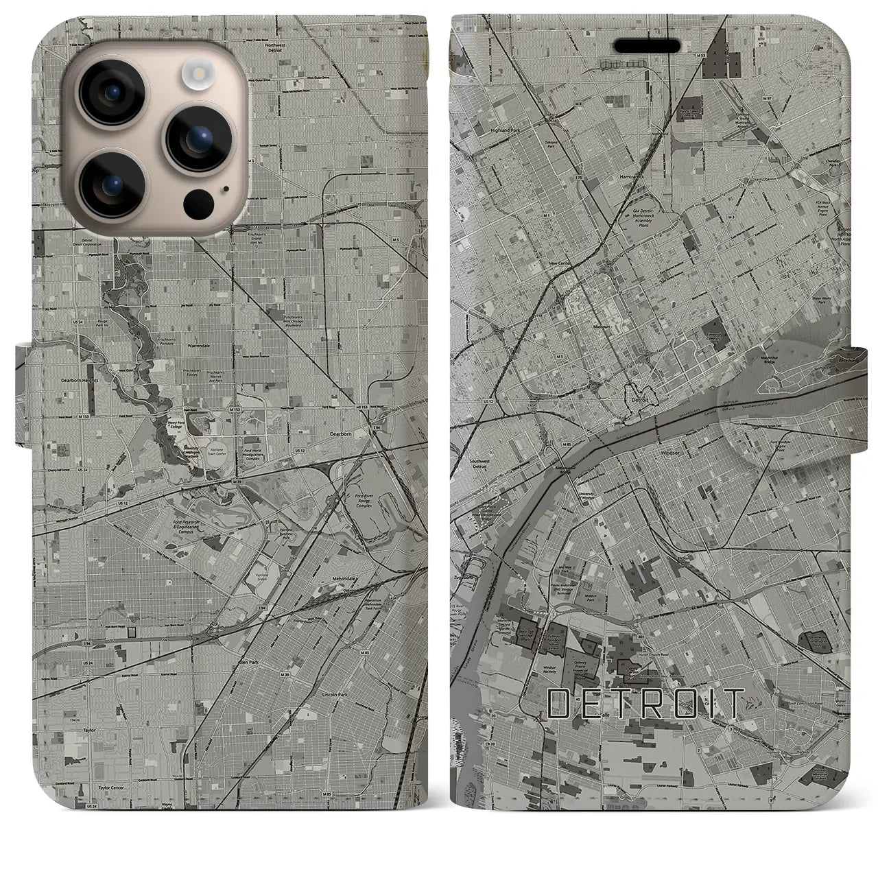 【デトロイト(アメリカ)】地図柄iPhoneケース(手帳タイプ)モノトーン・iPhone 16 Plus 用